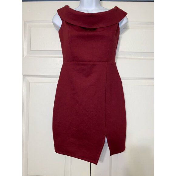 Asymmetrical Burgundy Cocktail Dress With Cowl Neckline & Side Slit - Picture 1 of 6